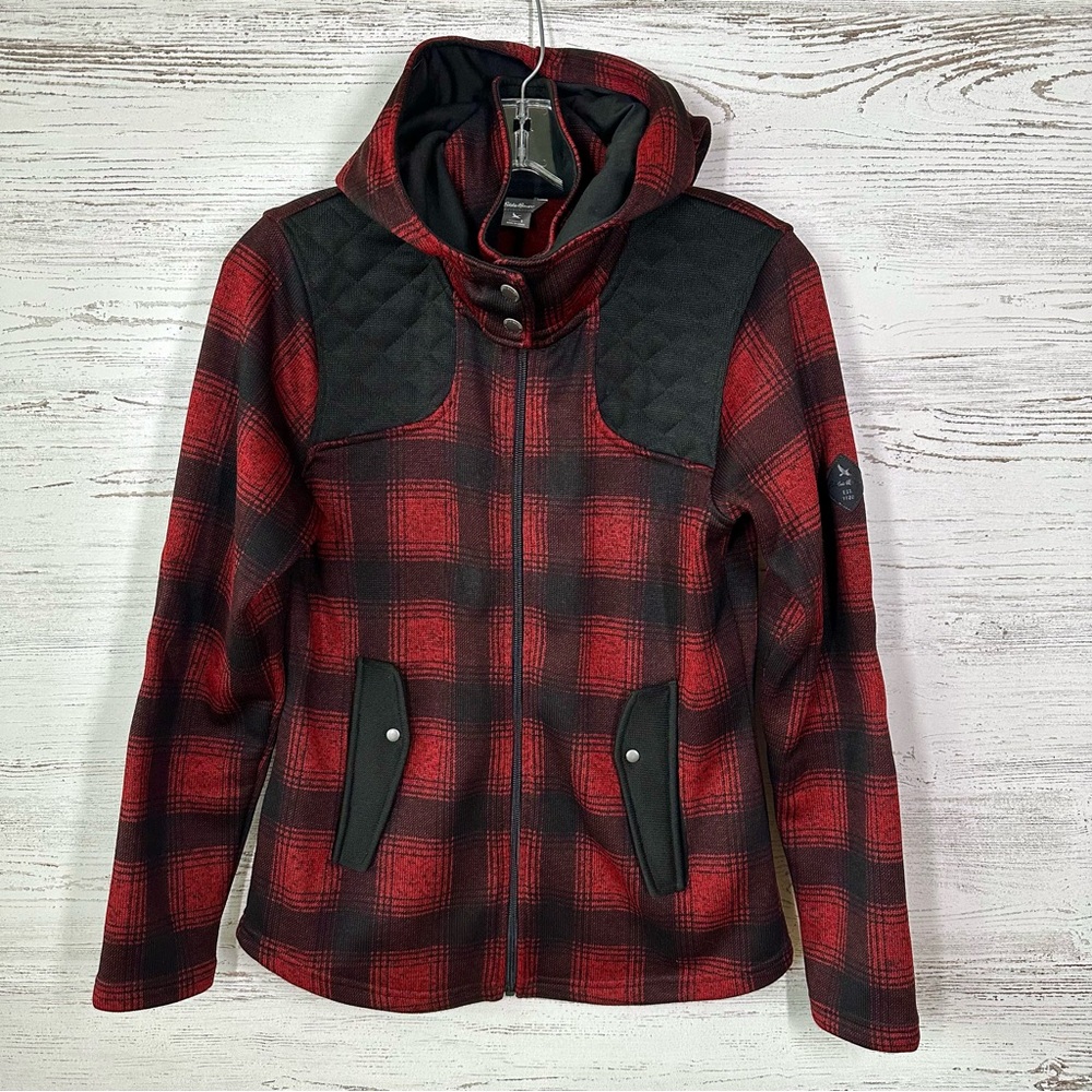 EDDIE BAUER Plaid Fleece Knit Hooded Shacket Shirt Jacket Full Zip S Red Black